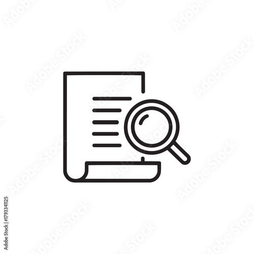 Line icon of a document with text and a magnifying glass