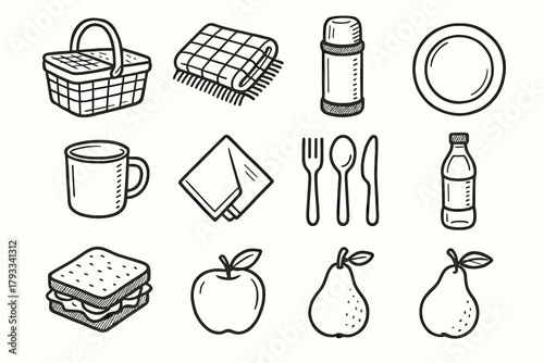 Picnic cup fruit icon napkin spoon plate vector knife bottle sandwich set