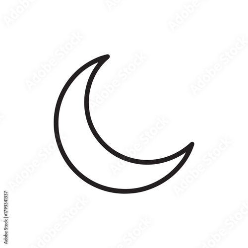 Simple black outline of a crescent moon isolated on a white background, representing night and celestial bodies