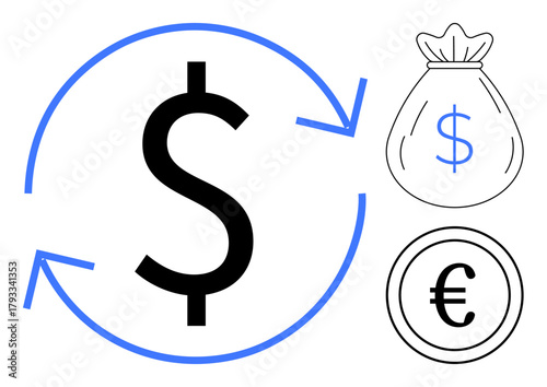 Dollar sign with circular arrows, euro coin, and money bag representing currency, transactions, and budget. Ideal for finance, economy, banking savings trade investment and exchange. Simple flat