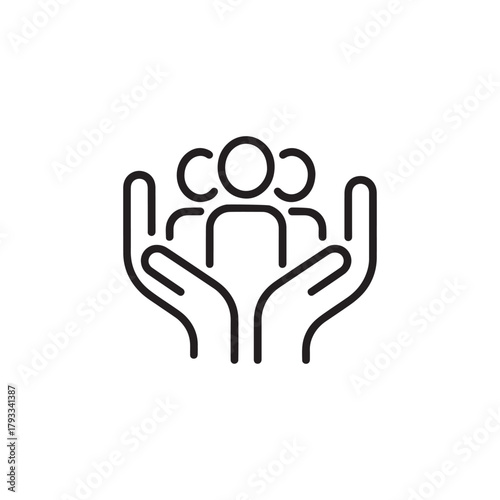 Two cupped hands gently holding a group of people icons, symbolizing care, protection, and community support