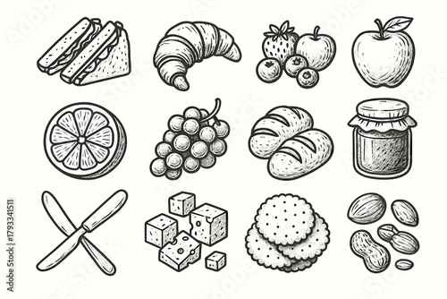 Crackers slices grapes icon orange bread picnic berries knife vector sandwiches collection