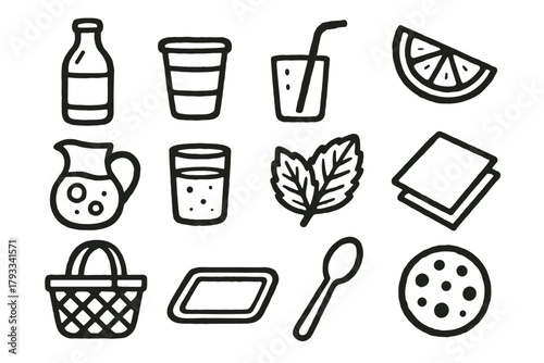 Glass cup fruit leaf mint lemonade vector spoon picnic pitcher icon collection