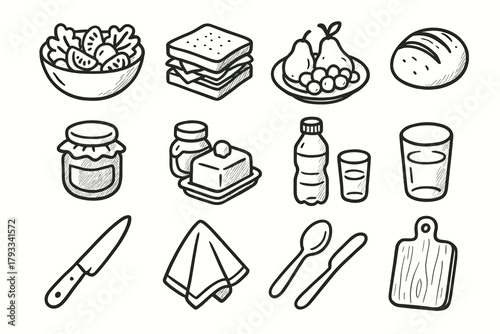 Plate napkin spoon picnic icons cutting essentials water glass bowl butter icon