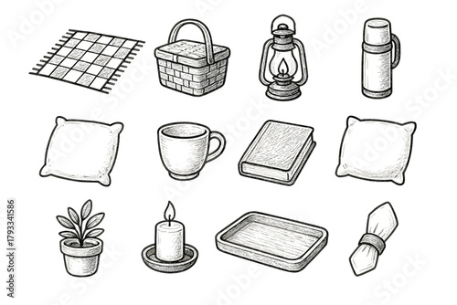 Lantern tray set icon basket plant book napkin picnic candle pillow vector