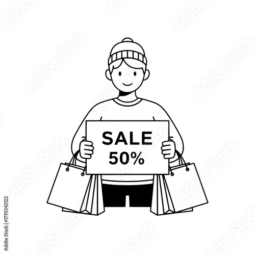 Person holding signboard announces sale with shopping bags in monochrome store promotion details