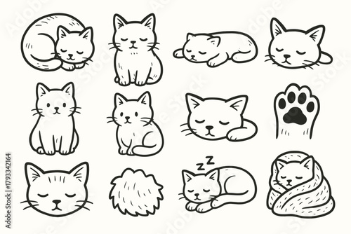 Droopy paws tail icons sleeping cat vector head icon resting laying cozy