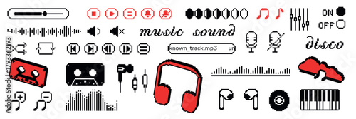 Set of pixel icon sticker with music and 90s computer game aesthetic. Music elements in retro 8bit style. 3d headphone and cassette.