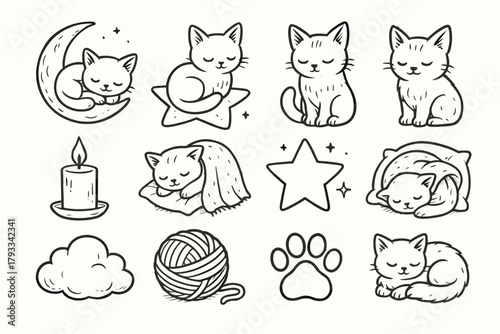 Vector tail icon sleeping kitten candle sleepy icons yarn cat paw pillow