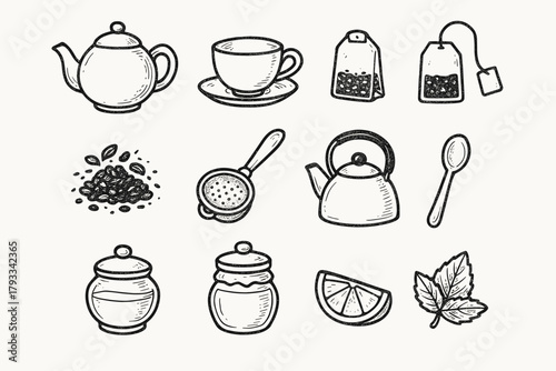 Mint honey tea kettle teacup bowl icons icon essentials lemon strainer vector