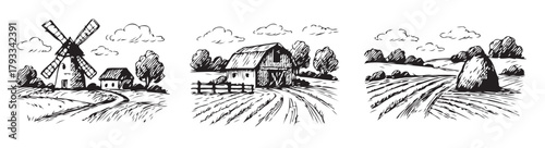 Three black and white drawings of a farm scene. The first drawing shows a windmill, the second a barn, and the third a field
