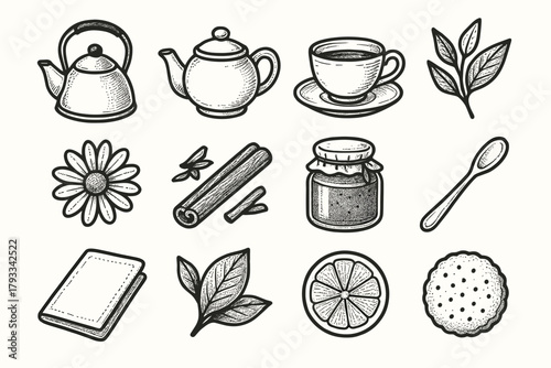 Napkin honey flower icon cup essentials jar cinnamon biscuit icons vector tea