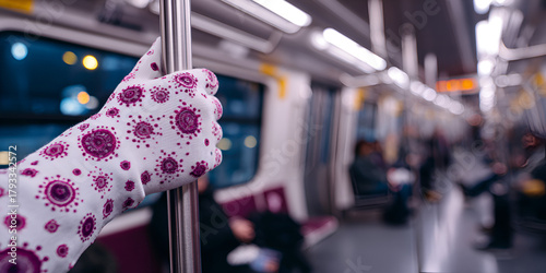 Gloved hand holding subway pole with visible virus contamination particles
