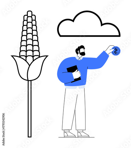 Corn plant beside man holding dollar coin and notebook under cloud represents sustainable agriculture, financial investment, resource optimization, economic growth, farming innovation, environmental