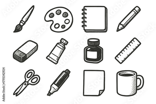 Icons artist bottle tools sketchbook pencil ruler mug tube paper palette icon