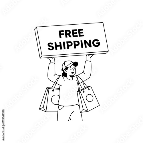 Smiling shopper advocates free shipping perk indoors holding bags and sign