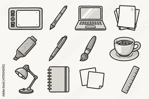 Notes laptop ruler stylus desk vector icon icons artist tablet notebook coffee