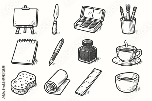 Art icons supplies cup pen sketchpad pot icon easel pan canvas vector