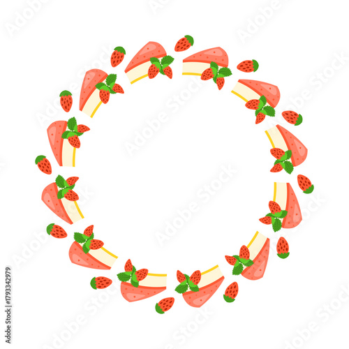 Cute round wreath with strawberry cheesecakes and berries isolated on white background.