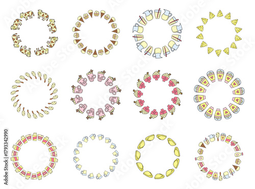 Set of cute round frames with doodle dairy products and desserts isolated on white background.