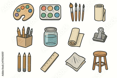 Artist icons pencil vector paper color desk sponge icon set stool napkin