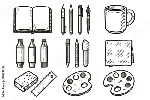 Icons mug artist brush coffee pen chart sponge color desk napkin icon