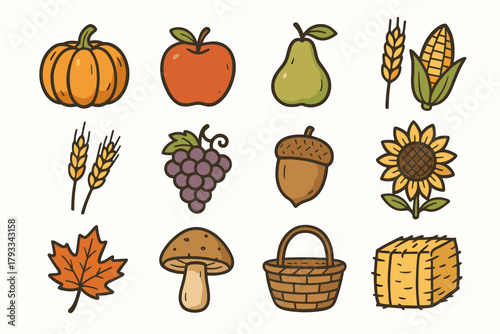 Hay pear leaf vector harvest icons maple autumn bunch acorn basket sunflower