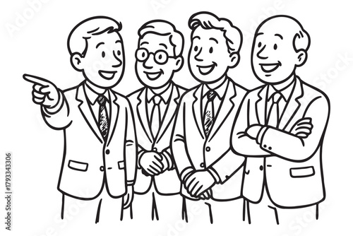 A group of men are wearing suits and ties and one of them is pointing to something. Concept of professionalism and formality