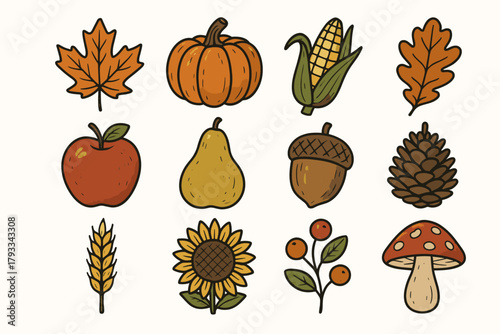 Pear pumpkin chestnut sunflower leaves autumn icons fall vector icon harvest wheat