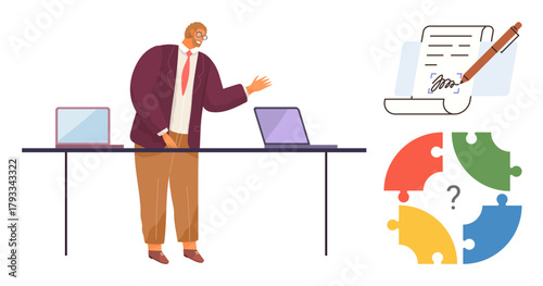 Man presenting near laptops, signed contract, colorful puzzle pieces representing teamwork and solutions. Ideal for business strategy, negotiation, leadership, agreement, communication, teamwork