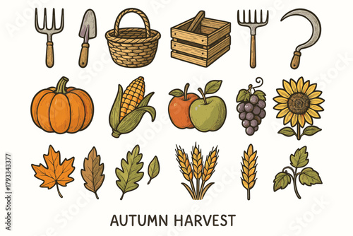 Corn vector tools autumn harvest sickle wooden wheat crate icon icons rake