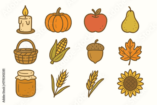 Autumn pear harvest apple icon icons cozy basket candle wheat sunflower vector