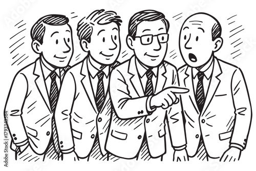 Four men in suits are standing in a line and one of them is pointing to something. Scene is serious and professional
