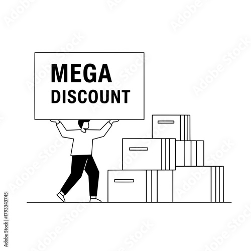 Worker holds mega discount sign near merchandise boxes in warehouse promotion