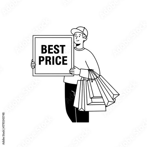 Young shopper advertises best price holding signboard and bags in minimal style promotion
