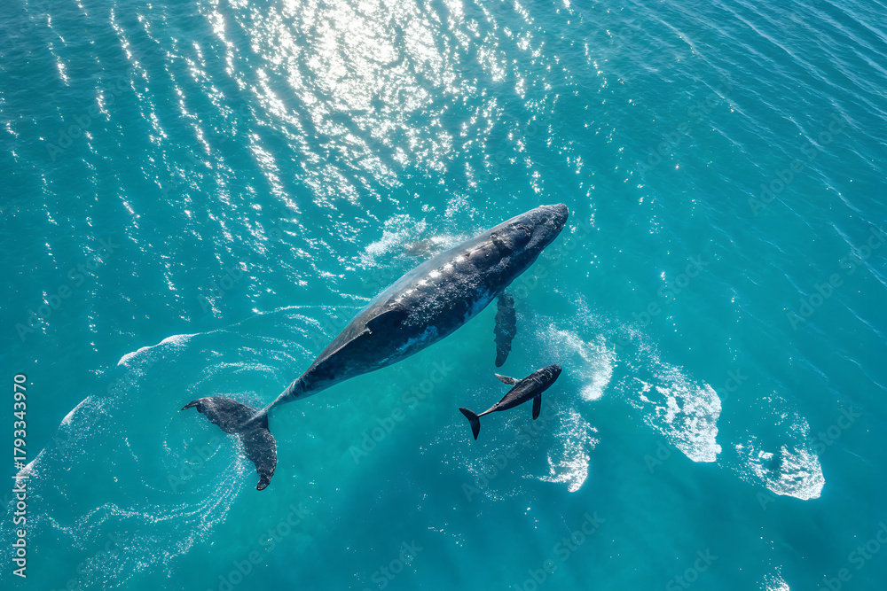 Obraz premium Aerial view of mother whale and calf swimming in shimmering blue ocean waters, showcasing marine life, tranquility, and the intimate bond of oceanic wildlife. generative ai