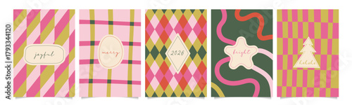 Vintage abstract Merry Christmas and Happy New Year cards, posters, holiday covers. Set of greeting Xmas quirky banner templates in modern hand drawn geometric style for web, social media, print.