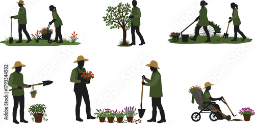 Inclusive gardening, diverse people, teamwork, flowers, wheelchair access, horticulture, spring activity, nature care, outdoor lifestyle, community joy