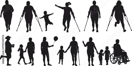 Inclusive silhouettes of diverse people, children, adults, disabled, walking, running, wheelchair, crutches, community, support, accessibility, interaction
