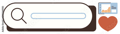 Magnifying glass over search bar next to a data graph and heart. Ideal for research, data, analytics, user experience, preferences, trends, and technology. Simple flat metaphor
