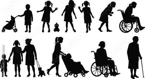 Life stages, caregiving, silhouette people, family support, aging journey, stroller, wheelchair, parenting, elderly care, walking, childhood, adult help, intergenerational bond, dog walking