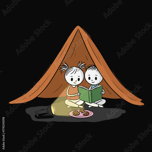 Two children reading a book inside a tent with a flashlight illustration in a child's doodle style  