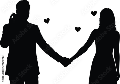 Romantic silhouette couple holding hands, love connection, mobile communication, heart shapes, emotional bond, black white contrast