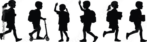 School children silhouettes walking, riding scooter, waving, running, carrying books, backpacks, education, commute, activity, learning, lifestyle, childhood, students, uniform, study
