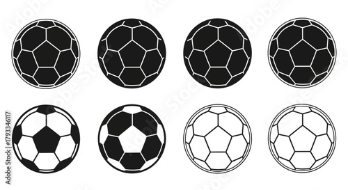 Black and white soccer balls in various stages of inflation depicted