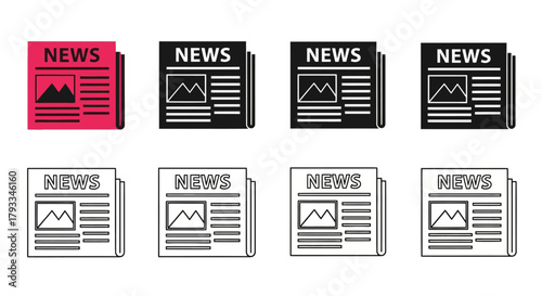 A collection of newspaper icons in varying styles and color schemes