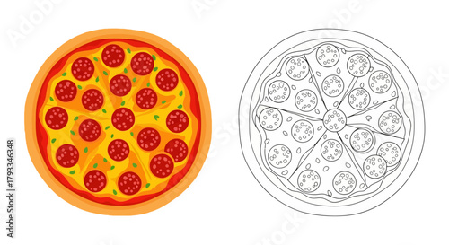 A colorful pepperoni pizza beside its black and white outline version