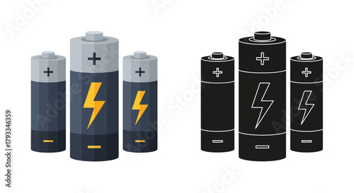 Illustration of three aa batteries colored and monochrome with lightning bolts