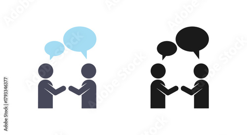 Two sets of figures facing each other with speech bubbles above heads