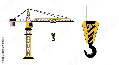 Illustration of a yellow construction crane with a lifting hook detail